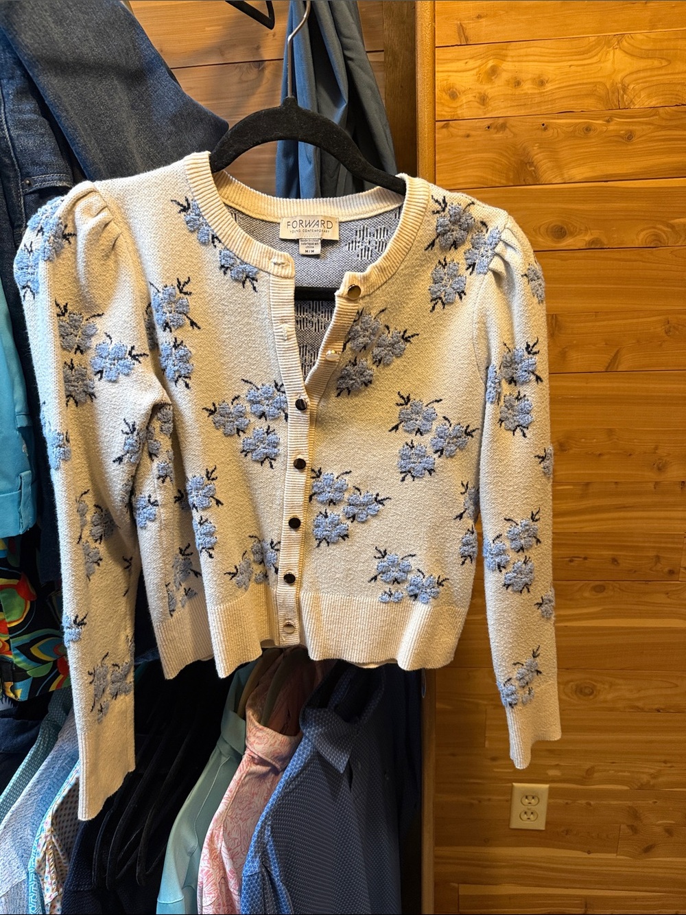 Forward Ivory Cardigan with Light Blue Floral Appliqué